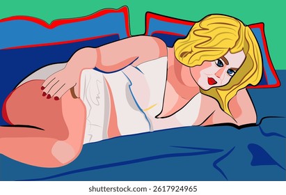 Colorful abstract background, chubby woman lying in bed