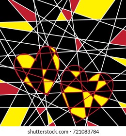 Colorful abstract background consisting of different geometrical figures and hearts.