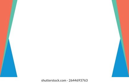 Colorful abstract background with coral, aqua, and blue angled borders on a white center. Ideal for templates, presentations, flyers, announcements, or modern graphic design projects.