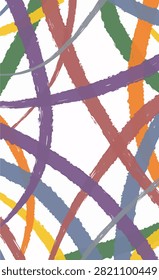 Colorful abstract background with crisscross thick painterly brush strokes on white. Vibrant purple, orange, green, yellow, and red hand drawn lines for modern creative cover or poster design.