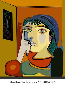 Colorful abstract background, cubism art style, thinking woman
