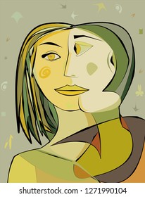 Colorful abstract background, cubism art style,woman and friend