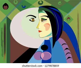 Colorful abstract background, cubism art style, profile of woman