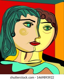 Colorful abstract background, cubism art style,couple of women