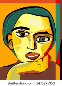 Colorful abstract background ,cubism art style,thoughtful boy