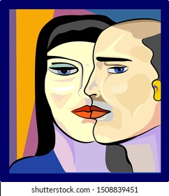 Colorful abstract background, cubism art style,brunette woman, man with baldness