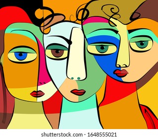 Colorful Abstract Background, Cubism Art Style, Triple Portrait