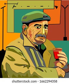 Colorful abstract background, cubism art style,man with glass in hand