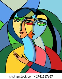 Colorful abstract background, cubism art style, double portrait