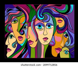 Colorful Abstract Background, Cubism Art Style,  Crowd Of People