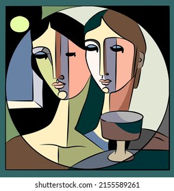 Colorful abstract background, cubism art style, double portrait