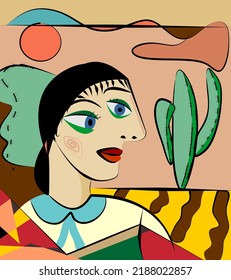 Colorful abstract background, cubism art style, black haired  woman In a cactus field