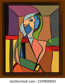 Colorful Abstract Background, Cubism Art Style, Portrait Of Sitting Woman