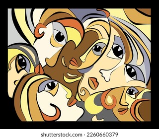 Colorful abstract background, cubism art style,  crowd of people