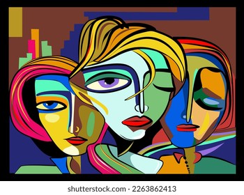 Colorful abstract background, cubism art style, 3 faces