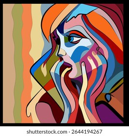 Colorful abstract background, cubism art style, scared woman
