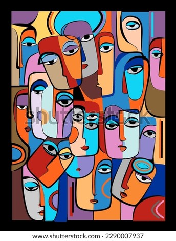 Colorful abstract background, cubism art style,  crowd of people