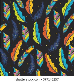 colorful abstract background with different shaped feathers on a gray background can be used for printing on fabrics, t-shirts , bags, cushions and back