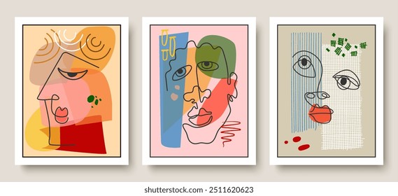 Colorful abstract background of faces. Vector design of geometric shapes and lines in the cubist style.