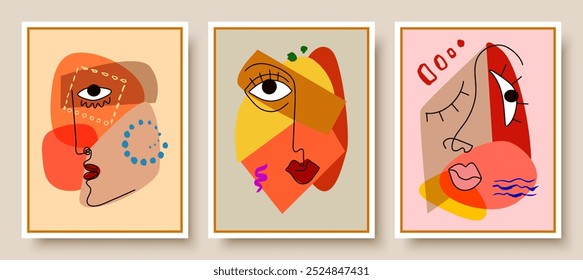 Colorful abstract background of faces. Vector design of geometric shapes and lines in the cubist style.