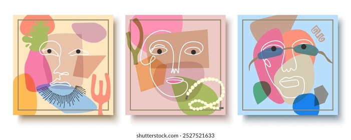 Colorful abstract background of faces. Vector design of geometric shapes and lines in the cubist style.