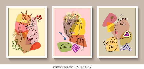 Fondo abstracto colorido de caras. Diseño de Vector de Formas geométricas y líneas en estilo cubista.