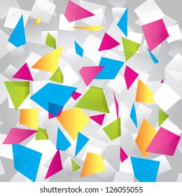 Colorful abstract background with geometrical figures. Different figures (pink, yellow, purple, green, blue, white, gray).