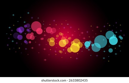 Colorful abstract background with glowing bokeh circles and star sparkles on a red gradient backdrop. Vibrant, festive, and ideal for celebration themes or party invitations.