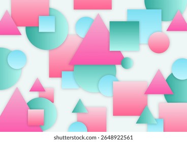 Fondo abstracto colorido con Formas geométricas degradadas que incluyen círculos, triángulos y cuadrados.