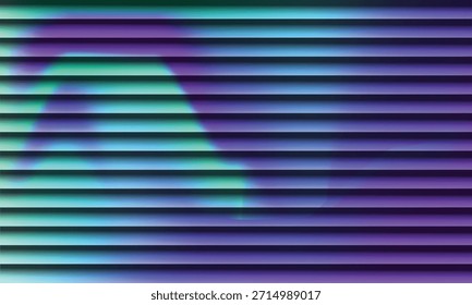 A colorful abstract background with horizontal blinds illuminated by vibrant green and purple light.