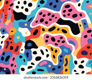 Colorful, Abstract Background Illustration, in the Style of Animalier, Bold Color Blobs, Jon Burgerman, Flowing Textures, Diverse Color Palette, Pop-Inspired Lines, Repeating Pattern