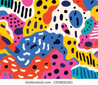 Farbige, abstrakte Hintergrundillustration, im Stil von Animalier, kühne Farbblobs, Jon Burgerman, Blasen von Texturen, Diverse Farbpalette, Pop-Inspired Lines, Wiederholung von Mustern