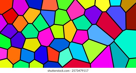 A colorful abstract background with irregular, polygonal shapes in various vibrant hues. The shapes are separated by thin black lines, creating a stained glass window effect.