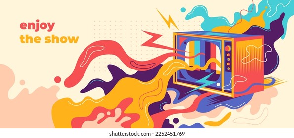 Colorful abstract background lifestyle illustration with a retro TV set and splashing shapes. Vector illustration.