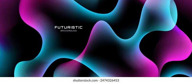 Colorful abstract background on dark space with neon waves decoration. Modern banner with glowing dynamic colors. Graphic design element liquid style concept for web, flyer, card, or brochure cover
