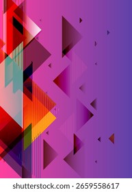 Colorful Abstract Background with Overlapping Triangles  on a Gradient Pink to Lavender Background with Vertical Line Accents