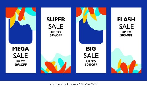 Colorful abstract background pattern set with foliage floral flower for web design, social media story, mobile app and printing material. Flash sale, special offer for vertical banner stories.