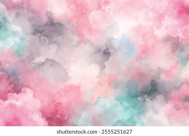 A colorful, abstract background with pink, blue, and green swirls. The background is a mix of colors and textures, giving it a dreamy, whimsical feel