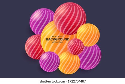Colorido fondo abstracto con bolas 3d realistas. Composición geométrica brillante con esferas rayadas y espacio de copia para texto. Ilustración vectorial de diseño de portada moderna. Realismo artístico, pancarta dinámica.
