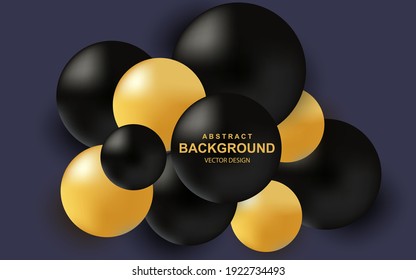 Colorful abstract background with realistic 3d balls. Luxury composition with black and gold glossy spheres. Trendy design vector illustration. Art realism, dynamic banner with 3d geometric shapes.