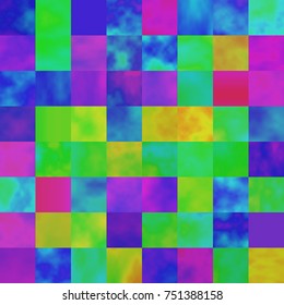 Colorful abstract background with saturated glitched screen. Modern seamless pattern with shuffled pixel mosaic. Endless texture with corrupted image. Element of design in psychedelic rave aesthetic.