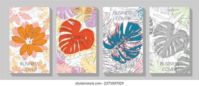 Colorful abstract background with silhouettes of tropical leaves.