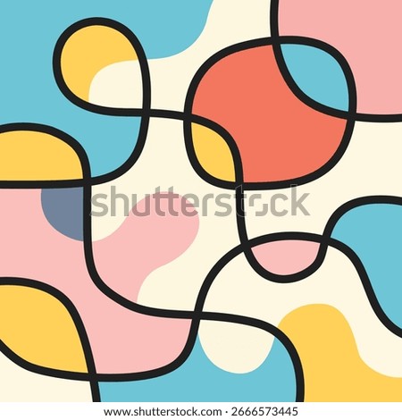 Colorful abstract background with simple hand drawn shapes. Vector doodle design with curvy figures and lines. Fun backdrop for social media, promotional banner, advertising.	