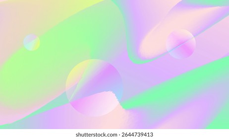Colorful abstract background with soft gradient waves and translucent spheres in pastel green, pink, and violet tones