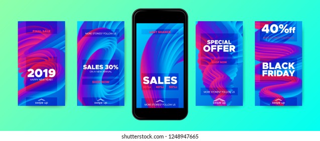 Colorful Abstract Background. Stories Templates with Fluid Shape. Wave Liquid in Movement, 3d Effect. Abstract Posters, Phone Screen Wallpaper. Sales Advertising Concept. Flow Trendy 2019 Background.