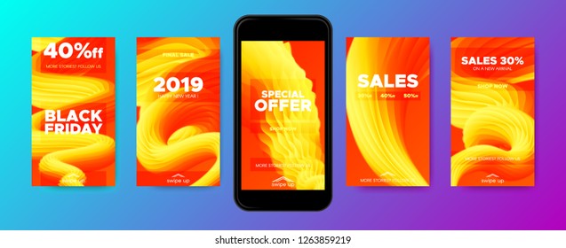 Colorful Abstract Background. Stories Templates with Fluid Shape. Wave Liquid in Movement, 3d Effect. Abstract Posters, Phone Screen Wallpaper. Sales Advertising Concept. Flow Trendy 2019 Background.