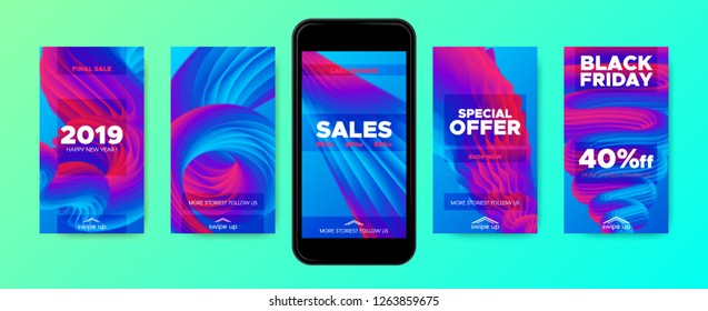 Colorful Abstract Background. Stories Templates with Fluid Shape. Wave Liquid in Movement, 3d Effect. Abstract Posters, Phone Screen Wallpaper. Sales Advertising Concept. Flow Trendy 2019 Background.