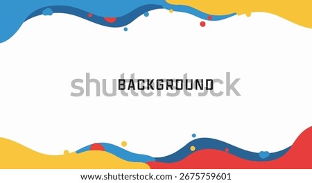 A colorful abstract background template with fluid, wavy shapes in blue, red, and yellow. The design frames a white central.