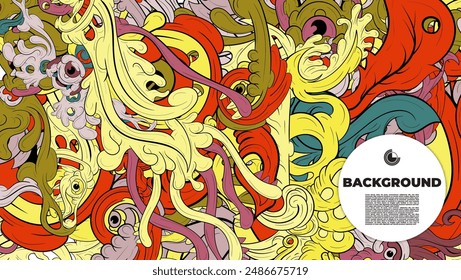 Colorful Abstract background with various monster characters. creepy doodle art with multiple colors. design is suitable for template, creative background, banner, cover, poster. 