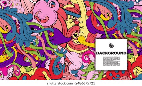 Colorful Abstract background with various monster characters. creepy doodle art with multiple colors. design is suitable for template, creative background, banner, cover, poster. 